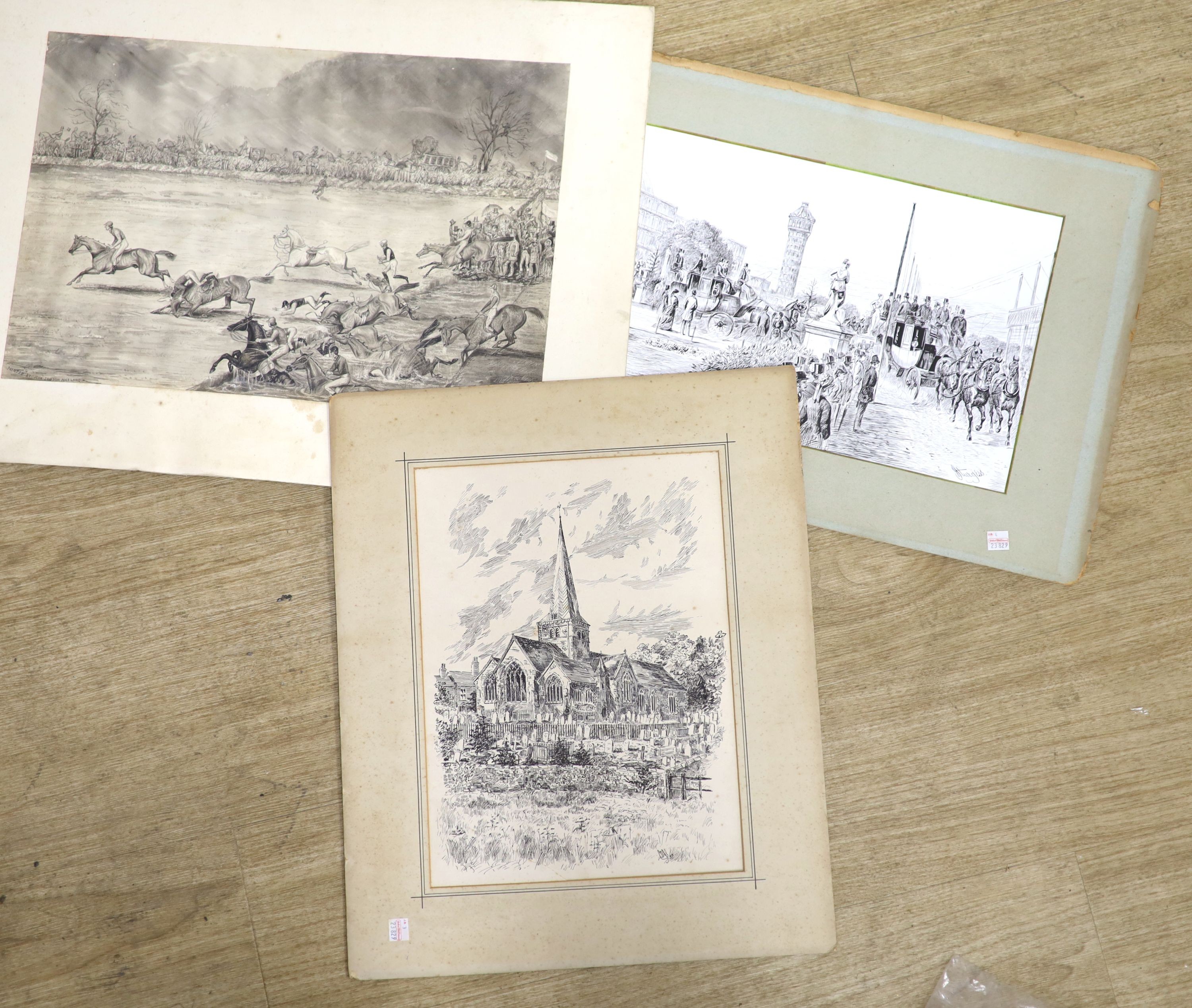 John Sturgess (1839-1903), pen and ink, Coaches at Crystal Palace, signed, 25 x 39cm, a watercolour steeplechasing scene and a torn ink study of a church, all unframed